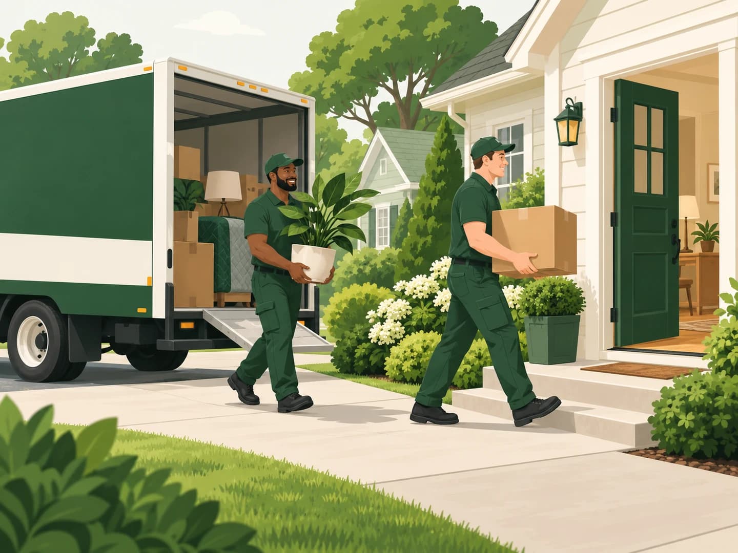Illustration of movers in green uniforms bringing boxes and a plant into a new home